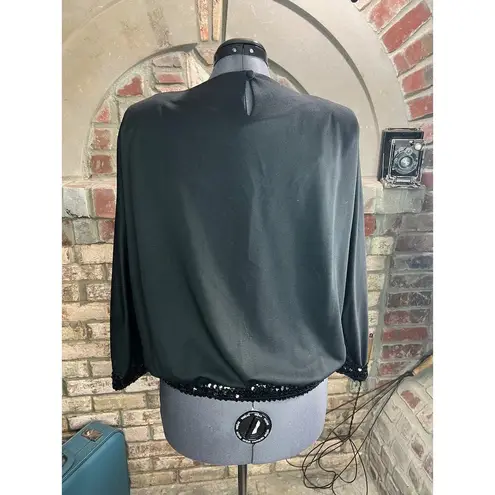 Blouse black sequin hem cuffs shoulder pads 1980s glam Size XL