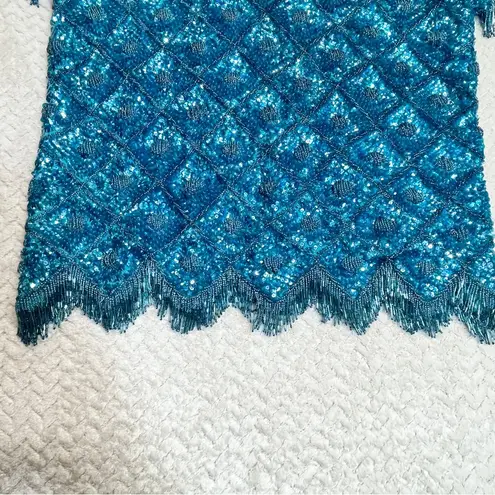 Vintage Unbranded 100% Wool Beaded Sequined Top Small Mermaidcore Retro Glam Blue