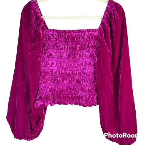 Anthropologie  Velvet Blouse Smocked Puff Sleeves Magenta