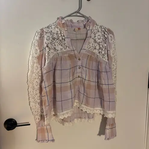 Pilcro Anthropologie Lace Plaid Lavender Peasant Blouse – XS (Fits S Comfortably)