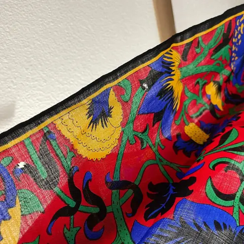 Vtg 80s Ginnie Johansen Floral Scarf Red Blue Tulip Rectangle Colorful Woven *