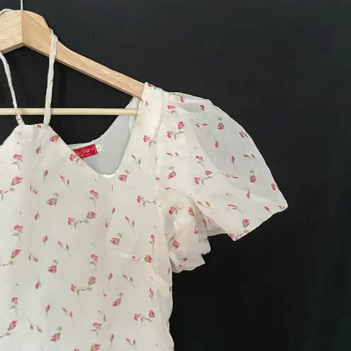 Vintage Áo Dài Việt Floral Puff Sleeve Dress In White & Pink midi halter neck