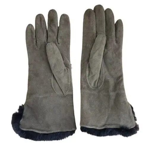 VTG Rabbit Fur Cuff Gloves Ladies Women Size 6.5 Green Leather Black Mob Wife