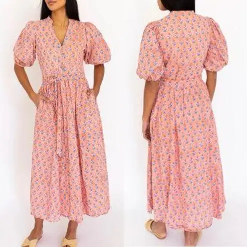 Marea Colette Coral Multi Floral Short Puff Sleeves Cottagecore Midi Dress Large Pink