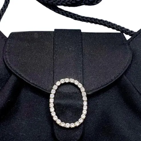 Black Satin Evening Handbag Purse Rhinestone Oval Buckle Optional Braided Strap