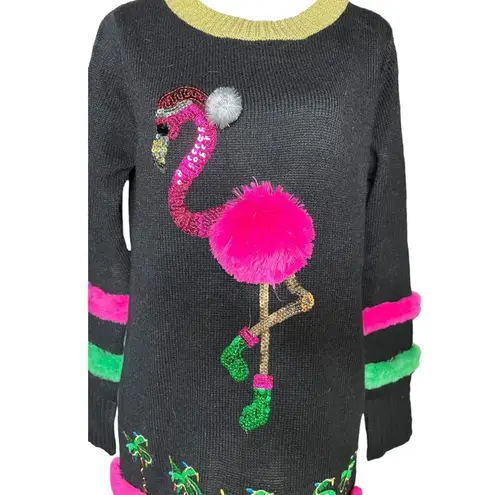 Ugly Christmas sweater pretty flamingo palm trees 99 Jane street tropics small Black