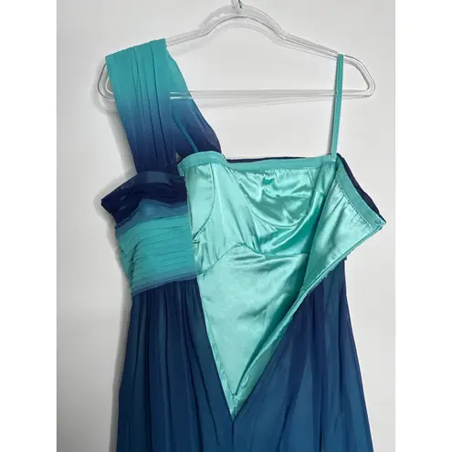 BCBGMAXAZRIA 2000s BCBG Max Azria Teal Blue Ombre One-Shoulder Chiffon Evening Gown – Size 0