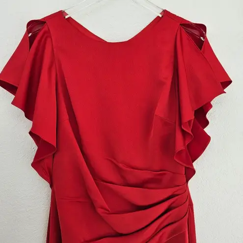 Theia Red Asymmetrical Ruched Flutter Sleeve Gown Size 8 Formal Event Black Tie