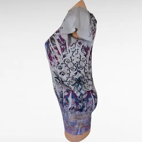 Vanity Paisley Lace Trim Top Womens Small Flutter Sleeve Gray Purple