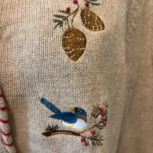 Breckenridge Christmas Holiday Cardigan Sz XL Tan Embroidered Cardinals Bluebirds Winter Cozy