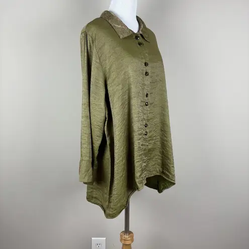 Habitat Blouse Top Womens Large Green Shimmery Metallic Button Up Collared Shirt