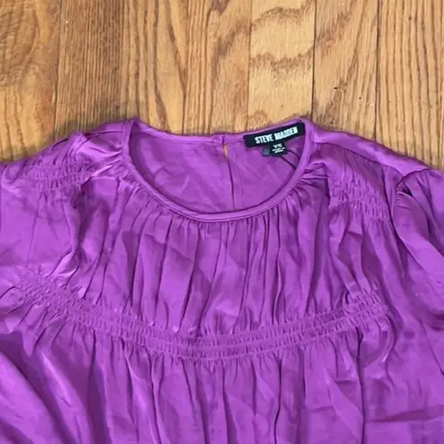 Steve Madden  Pyper Satin Crew‎ Neck Long Sleeve Ruffle Hem Blouse Purple XS NWT