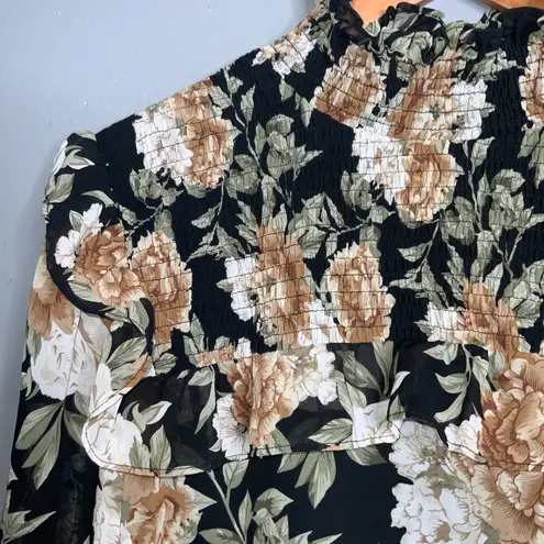 En Saison Black Cream & Olive Floral Long Sleeve Smock Ruffle Top Blouse Large