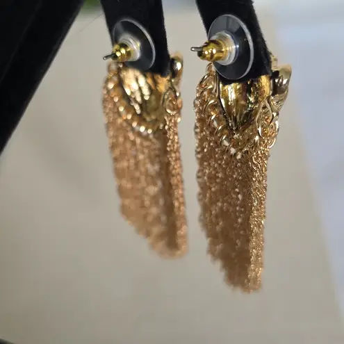 Boutique Statement Glam Gold Lion Earrings with Shimmer Chain Fringe