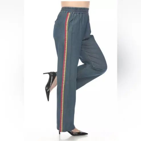 Johnny Was Wide Leg Denim Blue Paradiso Pull On Pants Embroidered Size Small