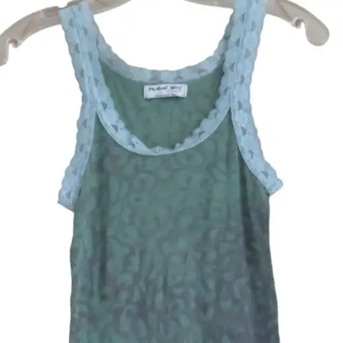 Michael Stars VTG  Sleeveless Shirt Tank Top Knit Stretch Blue Lace Trim Green OS