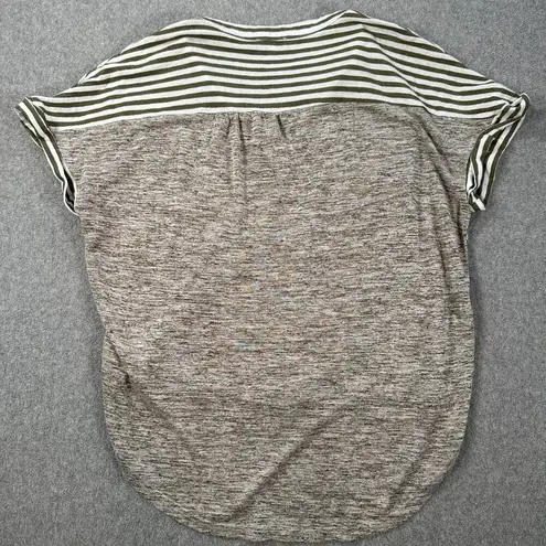 Voy HIgh Low Stripe Top Women's Small Green Short Sleeve Mixed Media Pockets