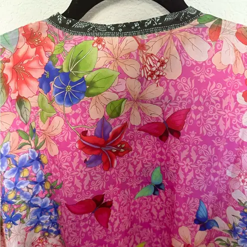 Johnny Was Bouquet Frame Parade Blouse Tunic Silk Pink Butterfly Floral Small