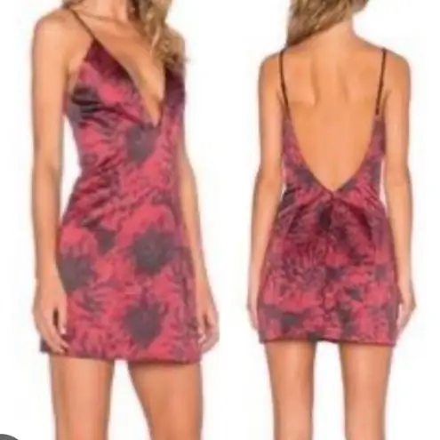 NBD  x Revolve Comeback Plunge V Neck Open Back Mini Dress: Raspberry Red Floral