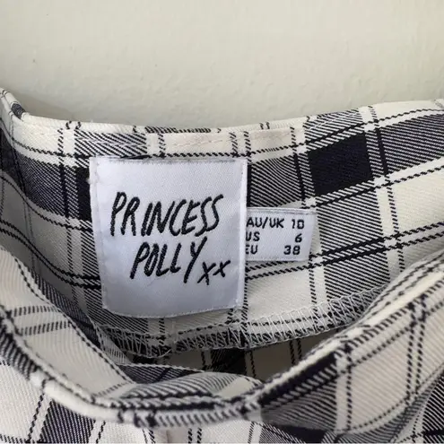 Princess Polly  100% Cotton Wide Leg Plaid Pants Zipper Zip Up Side Black White 6