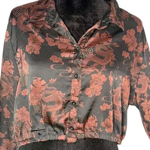 Just Polly Oriental Asian Dragon Crop Top Size XL Floral Black Long Sleeve