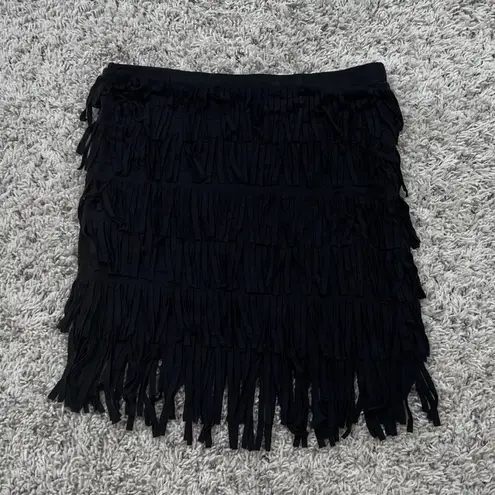 Nollie Black Fringe Mini Skirt Pull On Fitted Stretchy Small Mid Rise