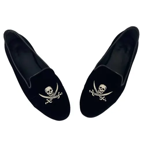 Jon Josef Black Velvet Gatsby Embroidered Skull Flat Loafers Shoes Size 7.5