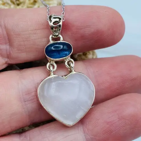Selenite Divine Light & Kyanite Heart Sterling Silver Pendant Necklace