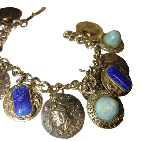 Coin Charm Bracelet Vintage Lapis Lazuli Turquoise Glass Stone Egyptian Etruscan Gold
