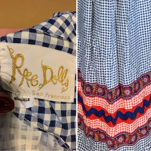 VINTAGE 1970'S BLUE, WHITE & RED GINGHAM PRINT RAE DOLLS COTTON PRAIRIE DRESS S Blue