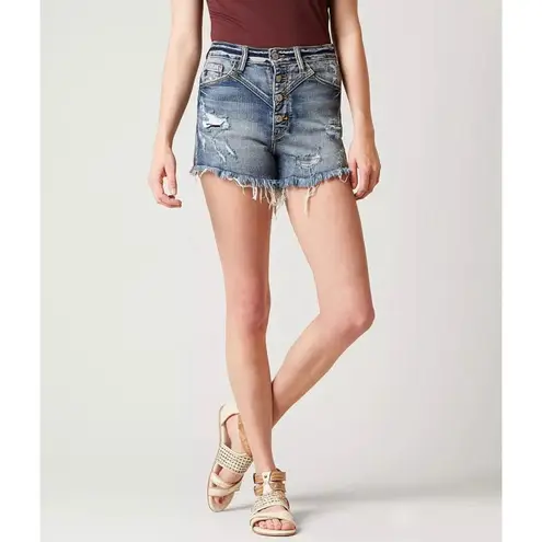 NWT KanCan Button Fly Distressed Cutoff High Rise Stretch Denim Shorts Sz 27 $53 Blue