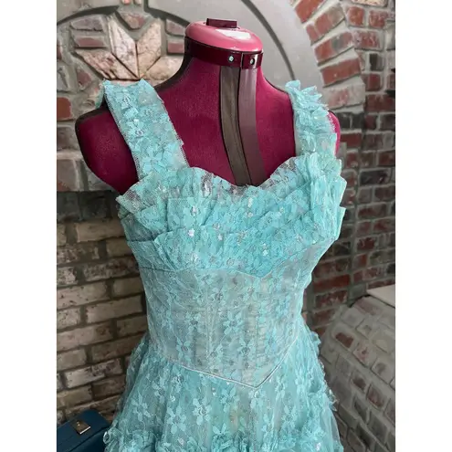 formal dress prom 1950s floral princess tulle aqua blue Green