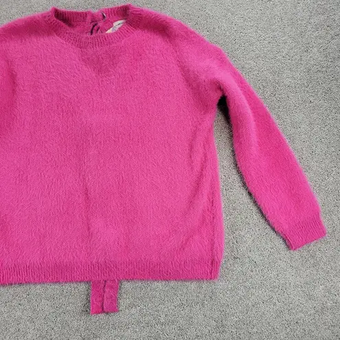 ee:some  Womens Back Tie Sweater Medium Pink Eyelash Faux Fur Ribbed Trim NEW