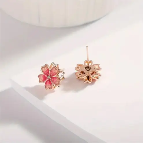 Pink Floral Enamel Stud Earrings Gold Tone Blossom Flower Cute Dainty NWT