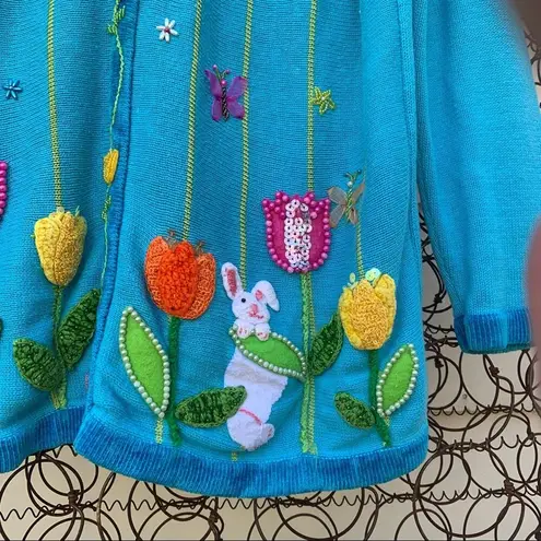 Quacker Factory  blue cardigan spring flowers embroidered embellished MEDIUM