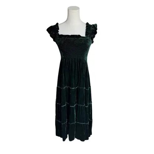 Hill House Home - Velvet Nap Dress Ellie Green Smocked Tiered Midi Sz XS
