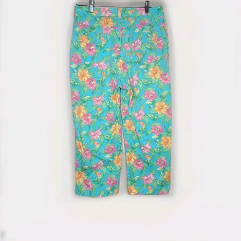 Lauren Ralph Lauren Teal Floral Cropped Cotton Blend Ankle Pants Women Size 8 Pink