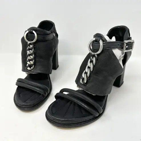 A.S.98 Barcelona Leather & Curb Chain Block Heeled Sandals Black Size 39