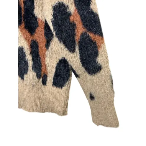 Evereve Harley Pullover Taupe Leopard Print Fuzzy Knit Relaxed Sweater Size XS