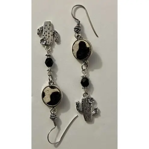 Silver Tone Black Tan Cow Hide Black Glass Cactus Dangle Earrings Handmade NEW