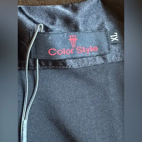 Buttons Color Style Black Satin short Striped Sleeves Metal V Neck Ruffles SZ XL