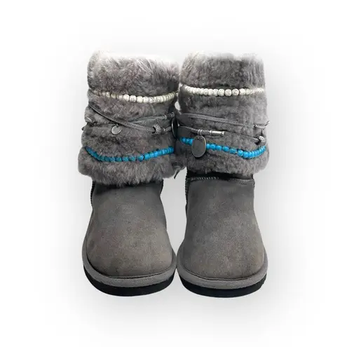 Rare: Tylie Malibu ✿ Turquoise Bead Embellished Shearling Boots Boot ✿ Slate ✿ 7 Gray