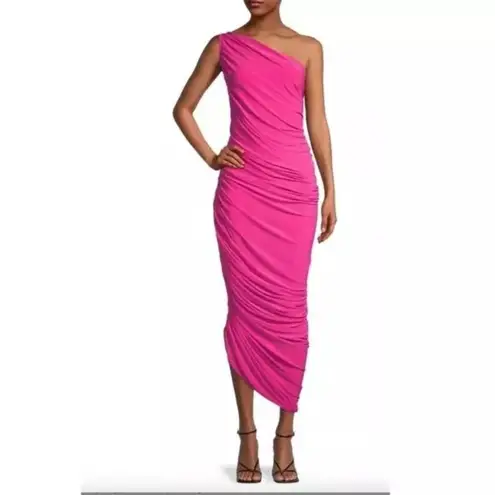 Norma Kamali NWT Diana Revolve Fuchsia Ruched One-Shoulder Midi-Dress Size S