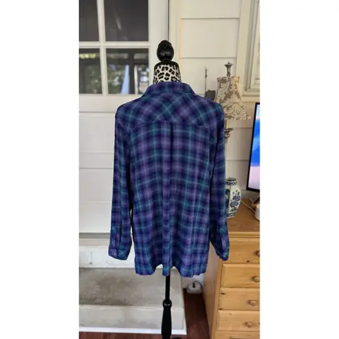 J. JILL Purple Teal Plaid Textured Crinkled Button Front Tunic Shirt Size Lp