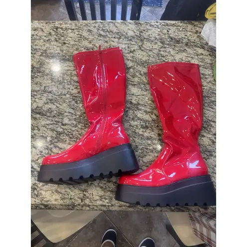 Women’s Wedge Platform Chunky Heel Round Toe Side Zipper Knee High Boots size 11 Red