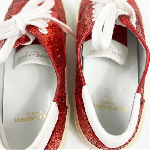 Saint Laurent Skate Red Glitter Sneakers Lace Up Low Top Size 37