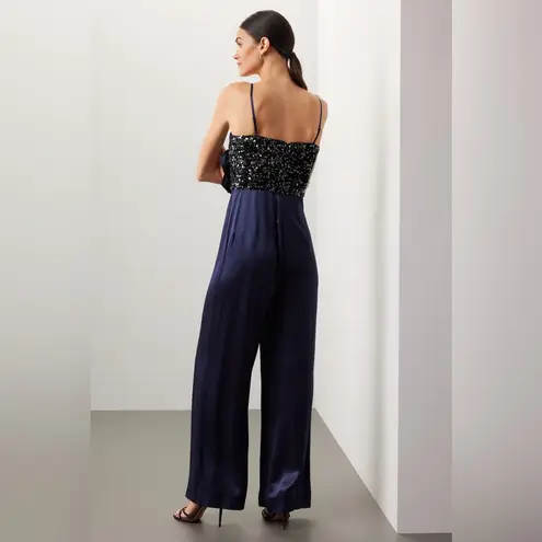Badgley Mischka Jumpsuit Womens 16 Blue Black Rose Sequin Satin Wide Leg