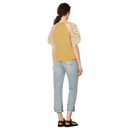 Sandro Paris Embroidered Sleeve Classic Tee T-Shirt Mustard White 3 US Large