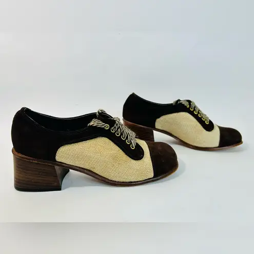 60s/70s Joseph Larose Mod Patchwork Oxfords, Suede/Tweed, Wooden Platform Heels Brown Size 5.5