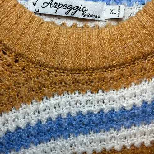 Arpeggio Knitwear Yellow white & Blue Stripe Crewneck Sweater women size XL Tan